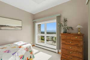 Bedroom featuring a baseboard heating unit and light colored carpet