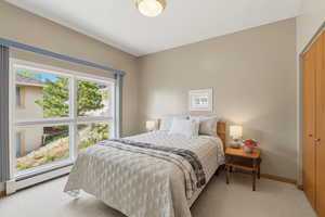 Bedroom featuring baseboard heating, light colored carpet, and a closet