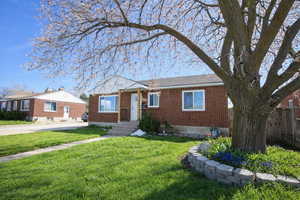 View of front of home with a front lawn and brick siding