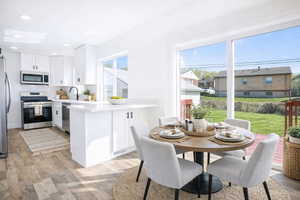 (virtual staging) Kitchen with stainless steel appliances, a peninsula, white cabinets, light wood-style flooring, and decorative backsplash