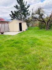 View of yard featuring a shed