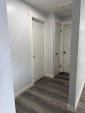 Hall featuring dark wood-type flooring