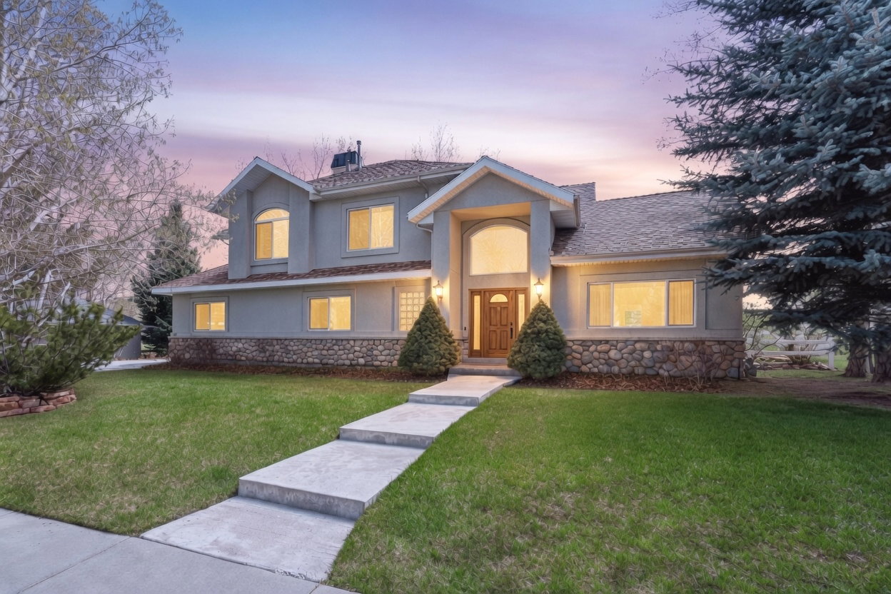 View of front facade featuring stone siding, a front yard, stucco siding, roof with shingles, and a chimney