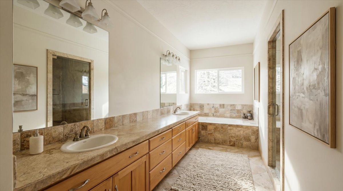 Bathroom with double vanity, a shower stall, and a garden tub