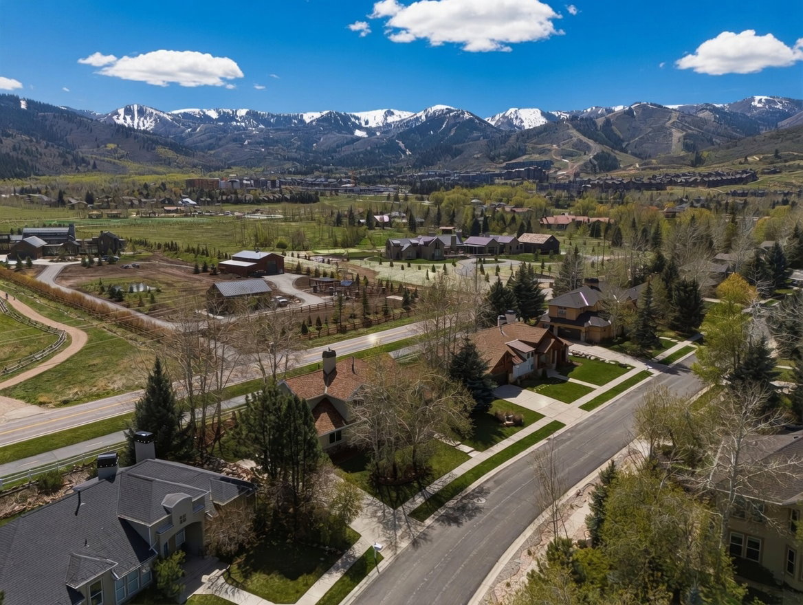 Aerial perspective of suburban area with a mountainous background