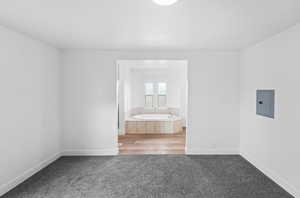 Unfurnished bedroom with electric panel, light colored carpet, and ensuite bathroom