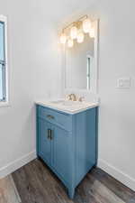 Bathroom with dark wood-style flooring and vanity