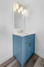 Bathroom with dark wood finished floors and vanity
