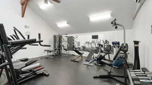 Exercise room featuring vaulted ceiling