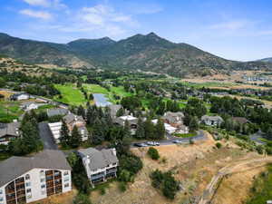 Aerial view of residential area with a water and mountain view
