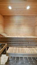 Sauna / steam room featuring wood walls, recessed lighting, and wood ceiling
