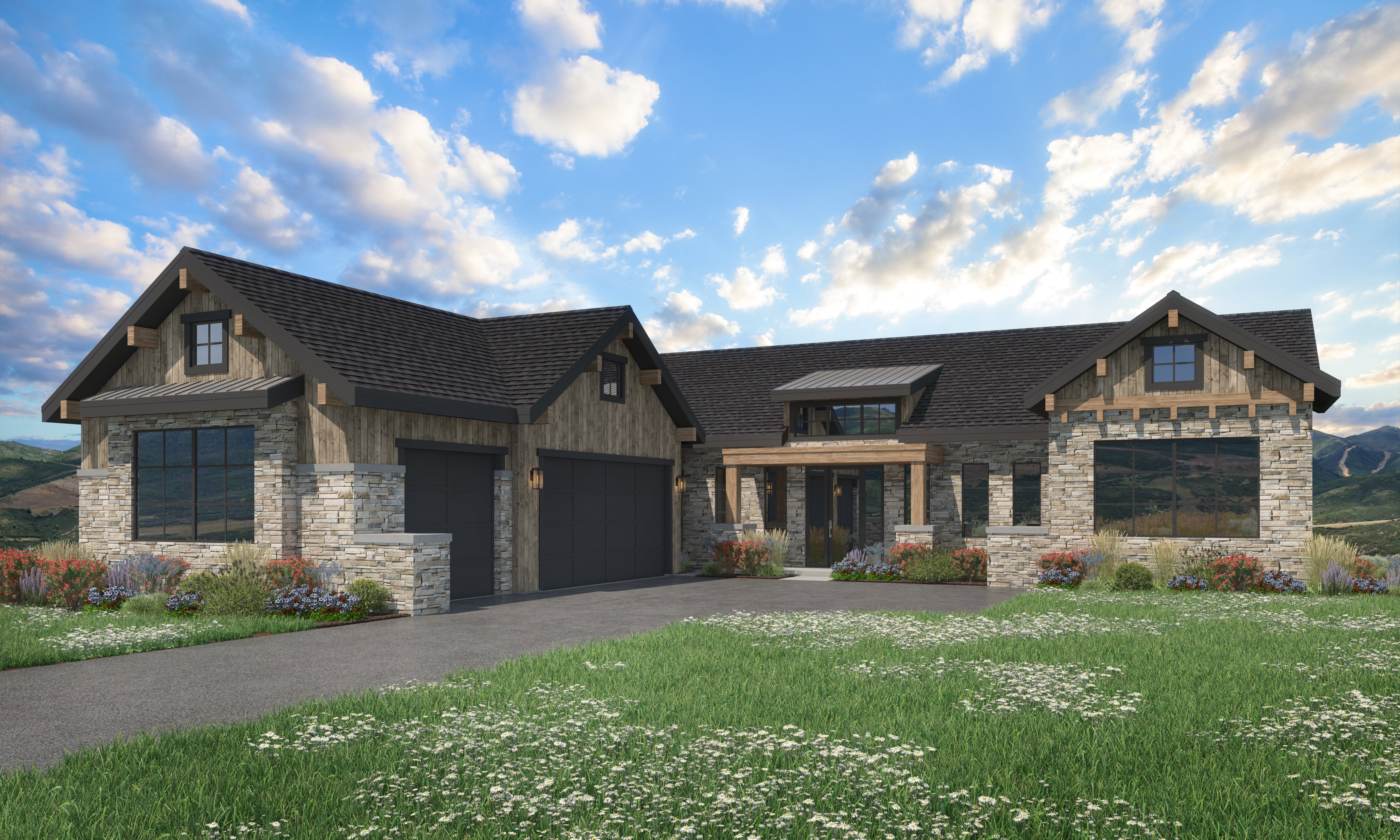 View of front of house with stone siding, asphalt driveway, an attached garage, a front lawn, and a standing seam roof