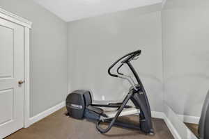 Workout area with carpet flooring and a textured ceiling