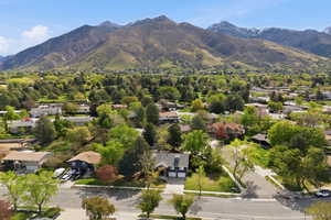 Aerial perspective of suburban area featuring a mountain backdrop