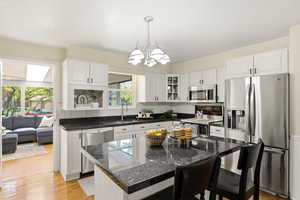 Kitchen featuring stainless steel appliances, a breakfast bar, a kitchen island, light wood-style floors, and white cabinetry