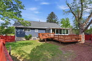 Rear view of house featuring a fenced backyard, a deck, and a shingled roof