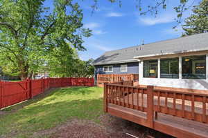 Fenced backyard with a deck and a sunroom