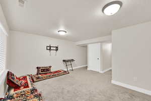 Living area featuring light carpet and a textured ceiling
