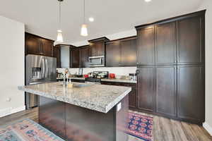 Kitchen featuring stainless steel appliances, a center island with sink, light wood finished floors, decorative light fixtures, and dark wood finish cabinets