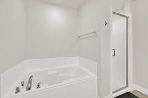 Bathroom featuring a stall shower and a bath