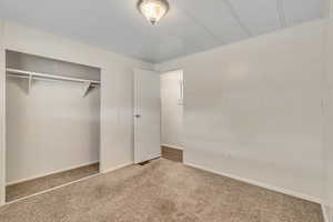 Unfurnished bedroom featuring carpet floors, a closet, and a decorative wall