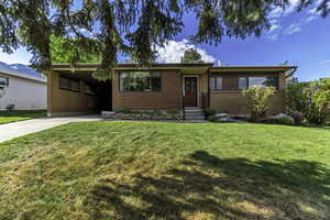 Single story home with a carport, a front lawn, concrete driveway, brick siding, and entry steps