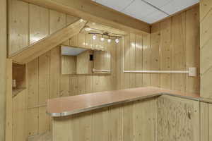 Bar area featuring light countertops, light wood finish cabinets, and wood walls