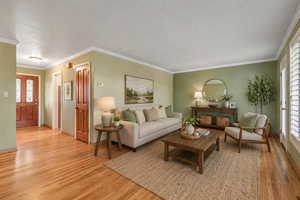 Living room with light wood-type flooring and crown molding