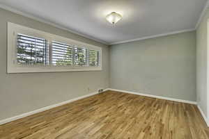 Spare room with light wood finished floors and ornamental molding