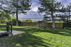 Fenced backyard with a mountain view and a patio area