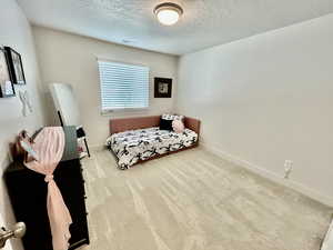 Bedroom featuring light colored carpet and a textured ceiling