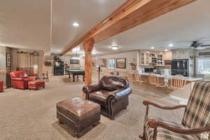 Living area with a ceiling fan, light colored carpet, recessed lighting, and billiards