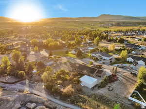 Aerial view of residential area with a mountainous background