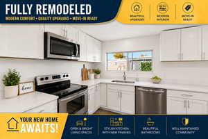 Kitchen featuring stainless steel appliances and white cabinets