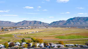 Aerial view of residential area with a mountainous background