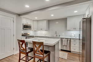 Kitchen with a kitchen breakfast bar, stainless steel appliances, light wood finished floors, white cabinets, and a center island