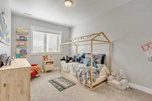 Bedroom with carpet flooring and baseboards
