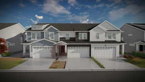 View of front of property with board and batten siding, concrete driveway, and an attached garage