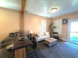 Living room with baseboards and dark colored carpet