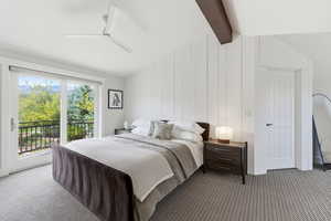 Bedroom with access to outside, lofted ceiling with beams, carpet flooring, and a ceiling fan
