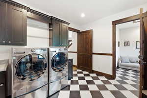 Laundry area with light flooring, washing machine and clothes dryer, and recessed lighting