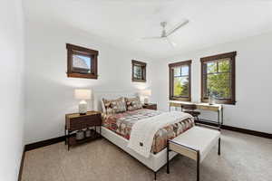 Bedroom featuring multiple windows, light carpet, and a ceiling fan
