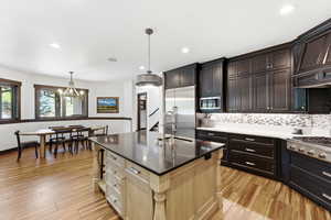 Kitchen with decorative backsplash, decorative light fixtures, light wood-type flooring, and an island with sink