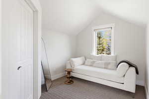 Living area featuring carpet and baseboards