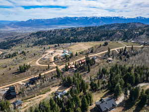 Drone / aerial view of mountains and a heavily wooded area