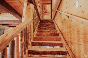 Stairway featuring wooden ceiling