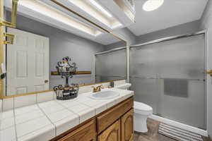 Full bathroom featuring vanity, a shower stall, and a skylight