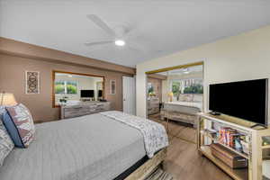 Bedroom with a closet, ceiling fan, multiple windows, and dark wood-style flooring