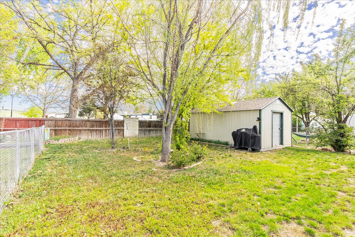 Fenced backyard with a shed