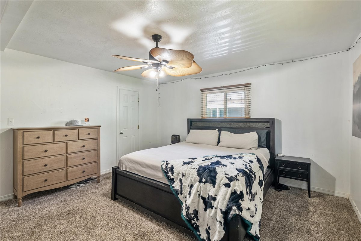 Bedroom featuring carpet and ceiling fan